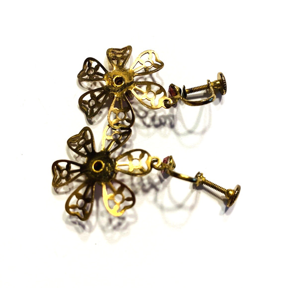 Vintage Screw Back Earrings Mod Hippie Chic Drop & Dangle Gold Flowers Pink Glam - Picture 6 of 6